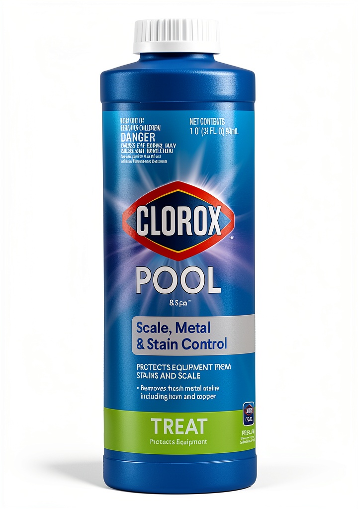 Clorox Pool Scale Metal Stain Control bottle on pool deck