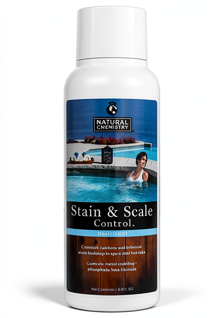 Natural Chemistry Stain and Scale Remover bottle on pool deck
