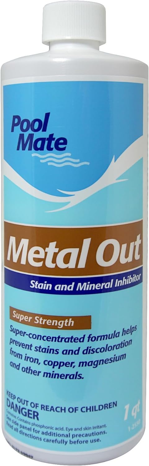Pool Mate Metal Out bottle next to a clean swimming pool