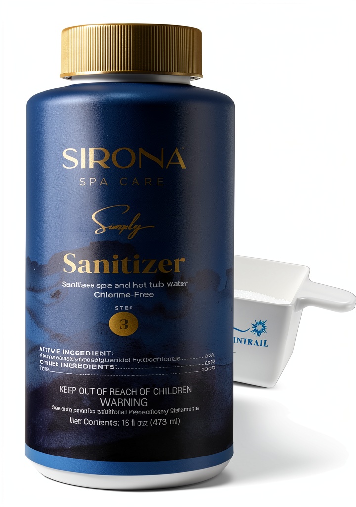 Sirona Spa Care Step 3 Cleaner bottle and measuring cup on a spa edge
