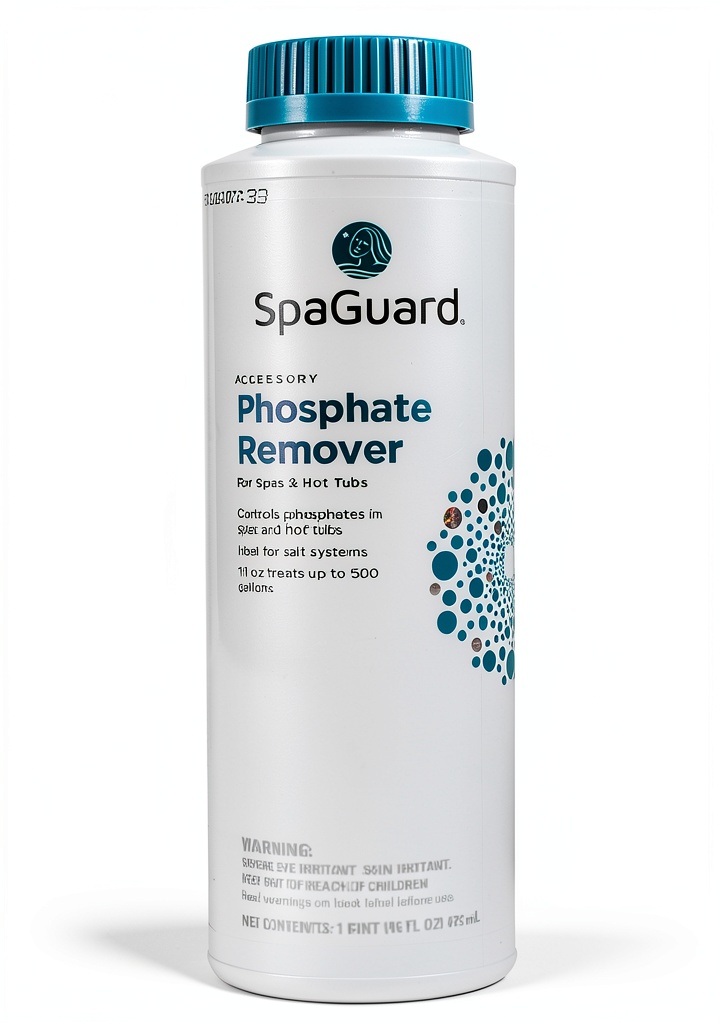 SpaGuard Phosphate Remover bottle displayed next to a spa